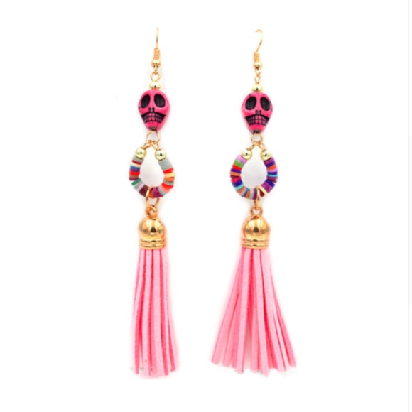 Jewelry - Pink Skull Tassel Earrings